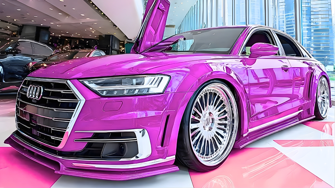 Audi A8 Personalizado Rosa Magenta: Sedán de Lujo con Suspensión Bajada, Llantas Multirradio y Estilo Único que Destaca en Carretera y Exhibiciones